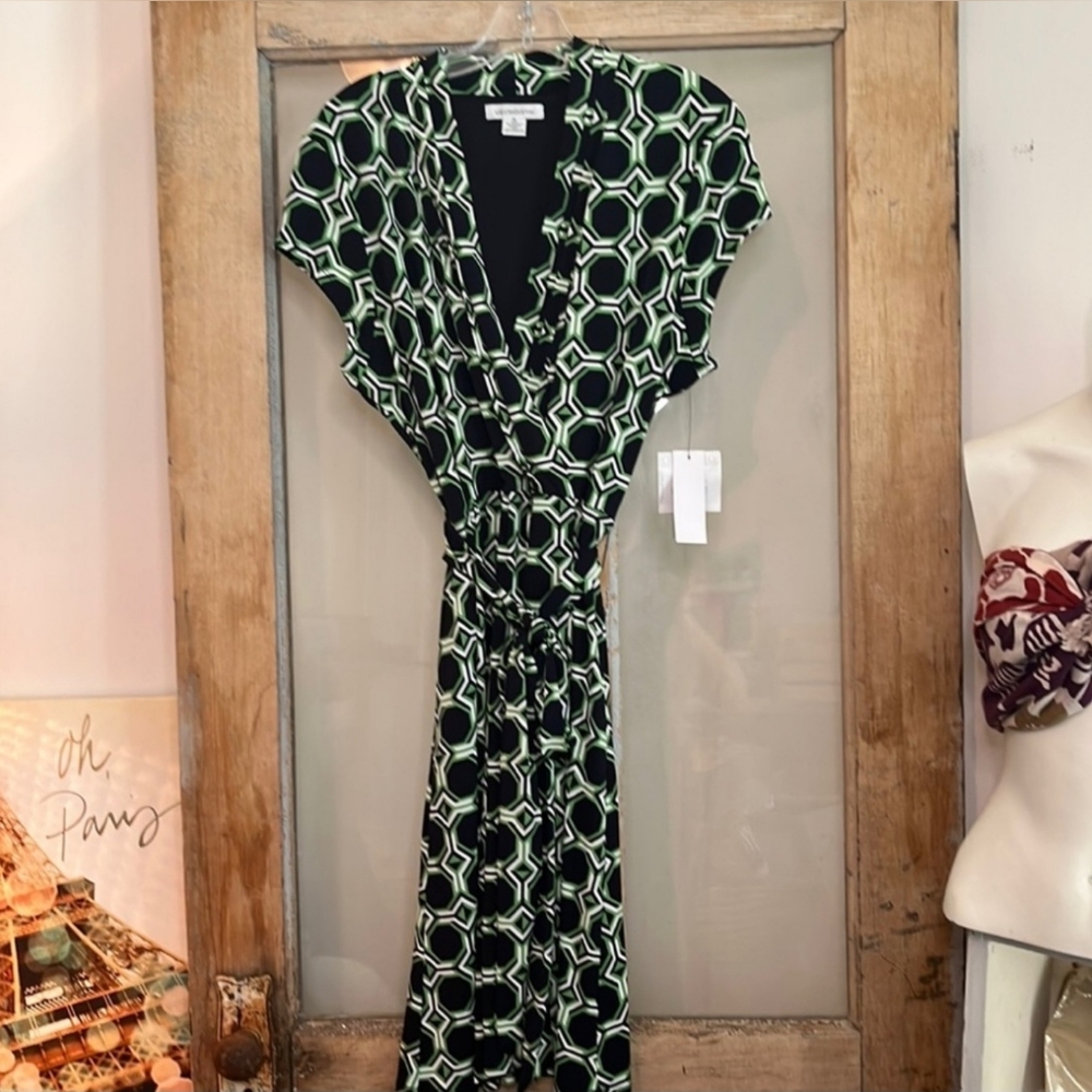 NWT LIZ CLAIBORNE Waist Tie Dress Chicago Green Blue White MSRP $60 ➡️20” ⬇️42”